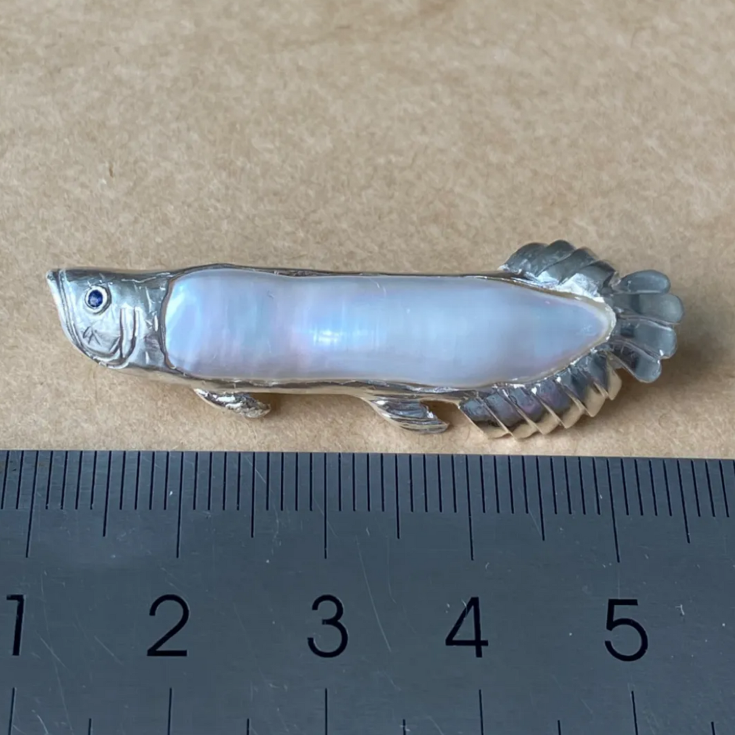 925 Silver Arowana Fish Brooch Pendant | Pearl & Sapphire Jewelry | Handmade Lucky Charm Gift for Success & Protection