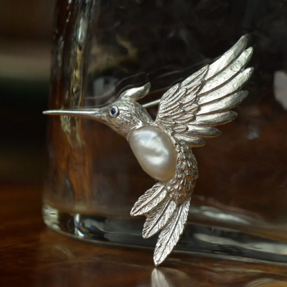 925 Silver Hummingbird Brooch Pendant | Natural Pearl & Sapphire Jewelry | Handmade Gift for Women | Spiritual Animal Totem Pin