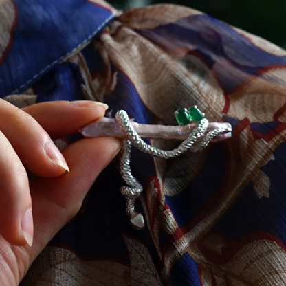 925 Silver Serpent Brooch Pendant | Ruby Eyes & Green Gem | Baroque Pearl Totem Jewelry | Healing Gift for Healers & Thinkers