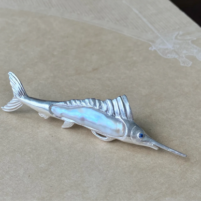 925 Silver Sailfish Brooch Pendant | Pearl & Sapphire Ocean Jewelry | Handmade Sea Totem Gift for Sailors & Dreamers