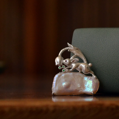 Rabbit Brooch Pendant 2-in-1 | 925 Silver & Freshwater Pearl | Handmade Fairy Tale Gift for Her