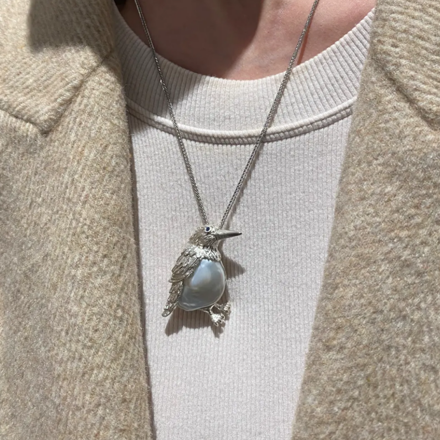 Bird Brooch Pendant | 925 Silver, Pearl & Sapphire | Handmade Nature Jewelry Gift for Her