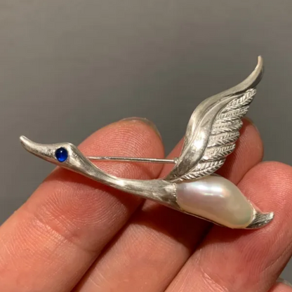 925 Silver Goose Brooch Pendant | Pearl & Sapphire Bird Jewelry | Handmade Animal Totem Gift for Her or Long-Distance Love