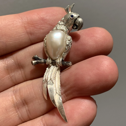 Parrot Brooch Pendant 2-in-1 | 925 Silver & Pearl | Handmade Nature Gift for Her