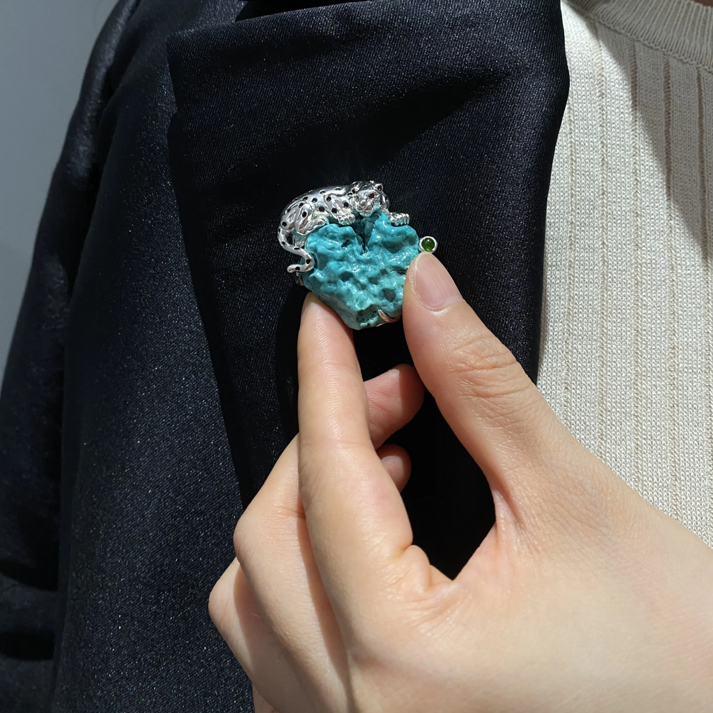 925 Silver Leopard Brooch Pendant | Turquoise & Ruby Animal Jewelry | Handmade Totem Gift for Strength & Courage