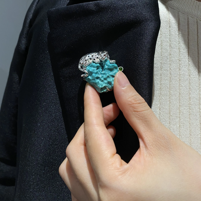 925 Silver Leopard Brooch Pendant | Turquoise & Ruby Animal Jewelry | Handmade Totem Gift for Strength & Courage