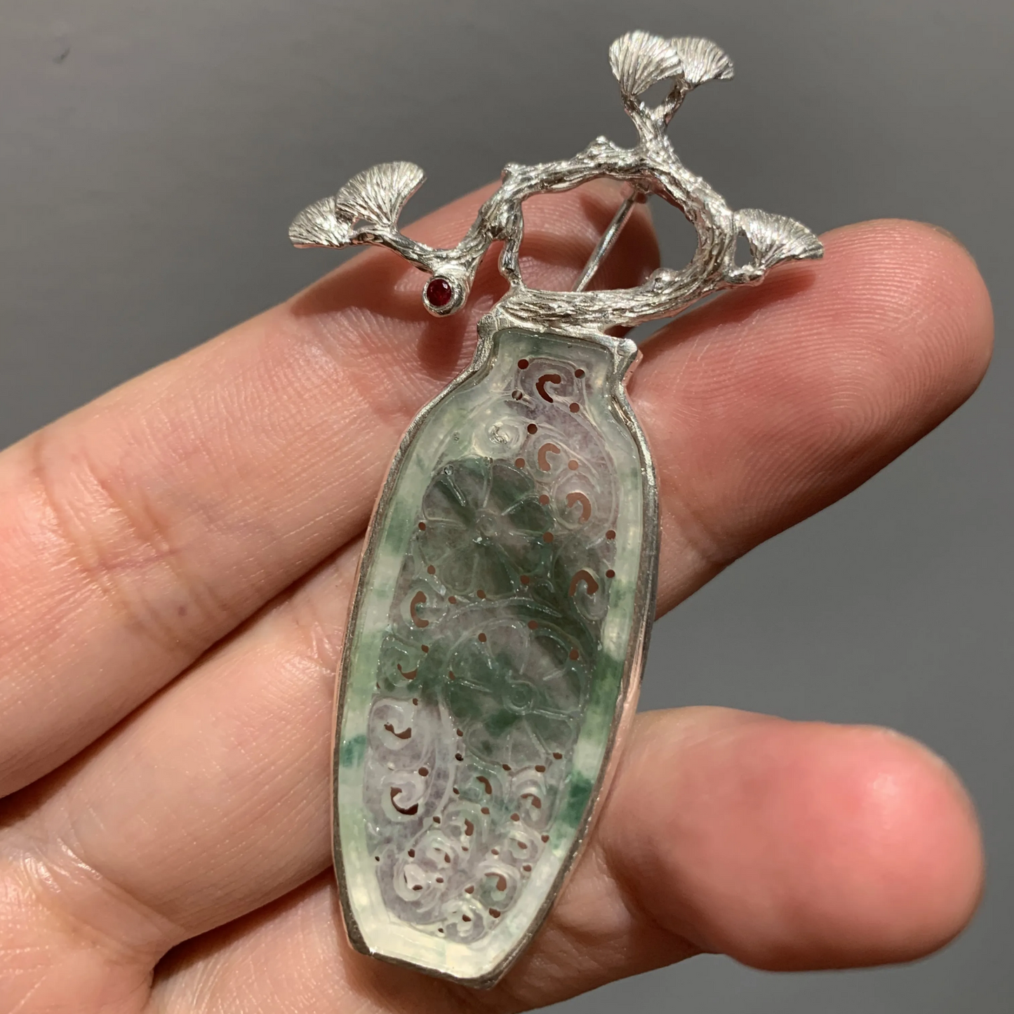 925 Silver Jade Pine Brooch Pendant | Peace & Longevity Amulet | Oriental Nature Jewelry | Gift for Parents or Elders