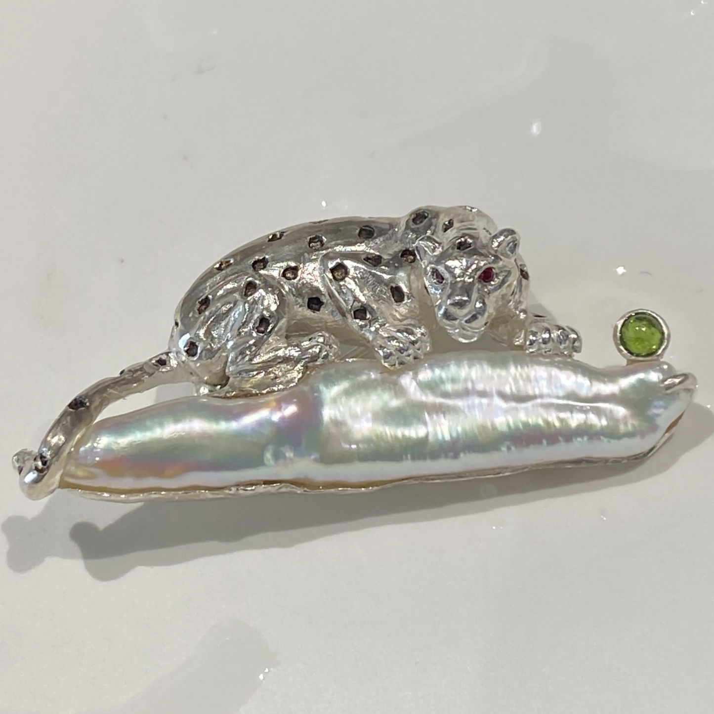 925 Silver Leopard Brooch Pendant | Pearl & Ruby Jewelry | Handmade Totem Amulet Gift for Her | Symbol of Strength & Courage