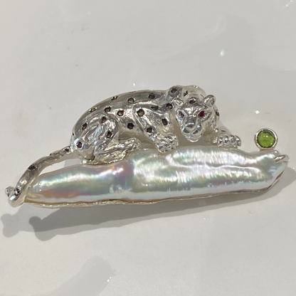 925 Silver Leopard Brooch Pendant | Pearl & Ruby Jewelry | Handmade Totem Amulet Gift for Her | Symbol of Strength & Courage
