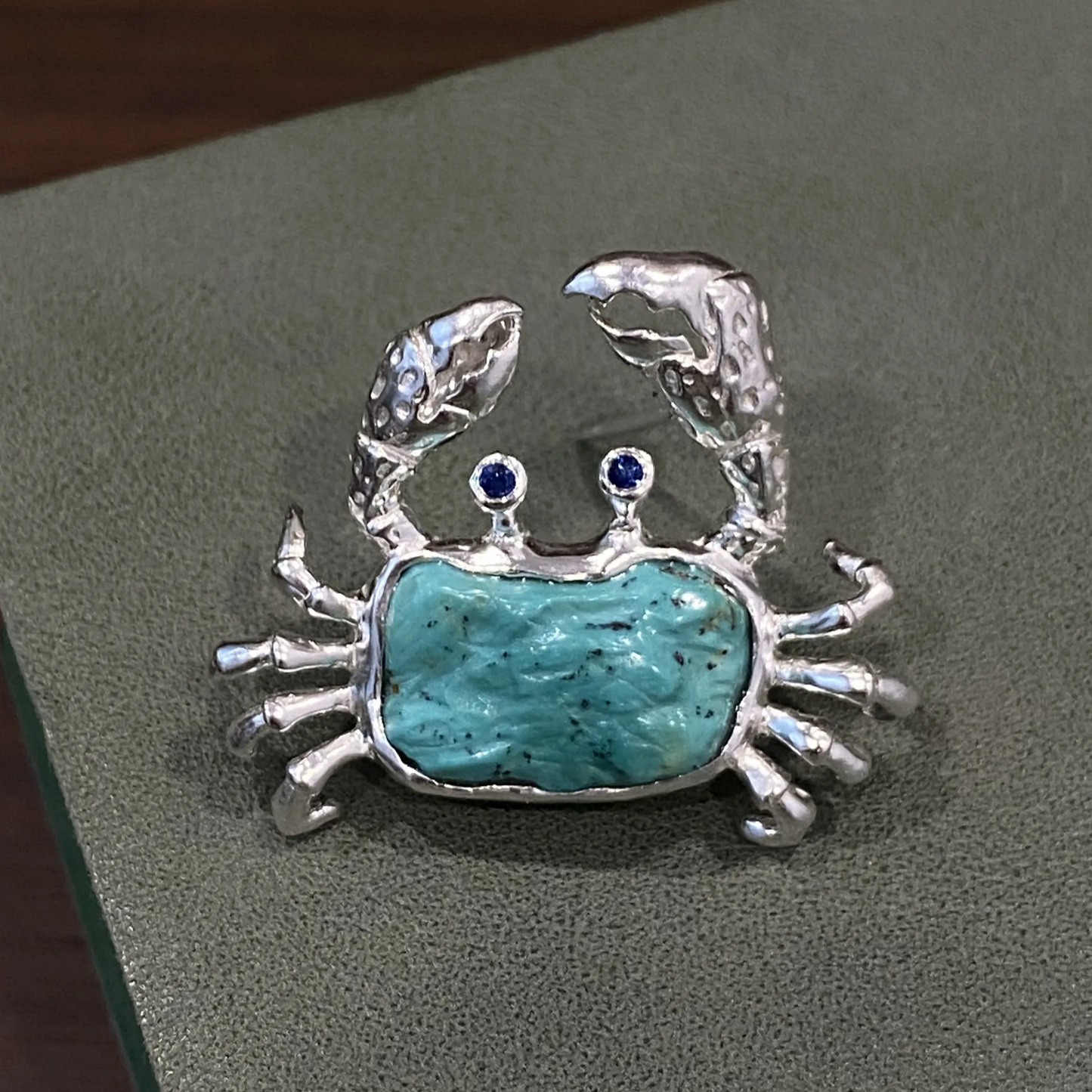 Crab Brooch Pendant in 925 Silver & Natural Turquoise | Handmade Zodiac Cancer Totem Jewelry | Gift for Her