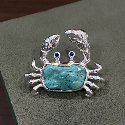 Crab Brooch Pendant in 925 Silver & Natural Turquoise | Handmade Zodiac Cancer Totem Jewelry | Gift for Her