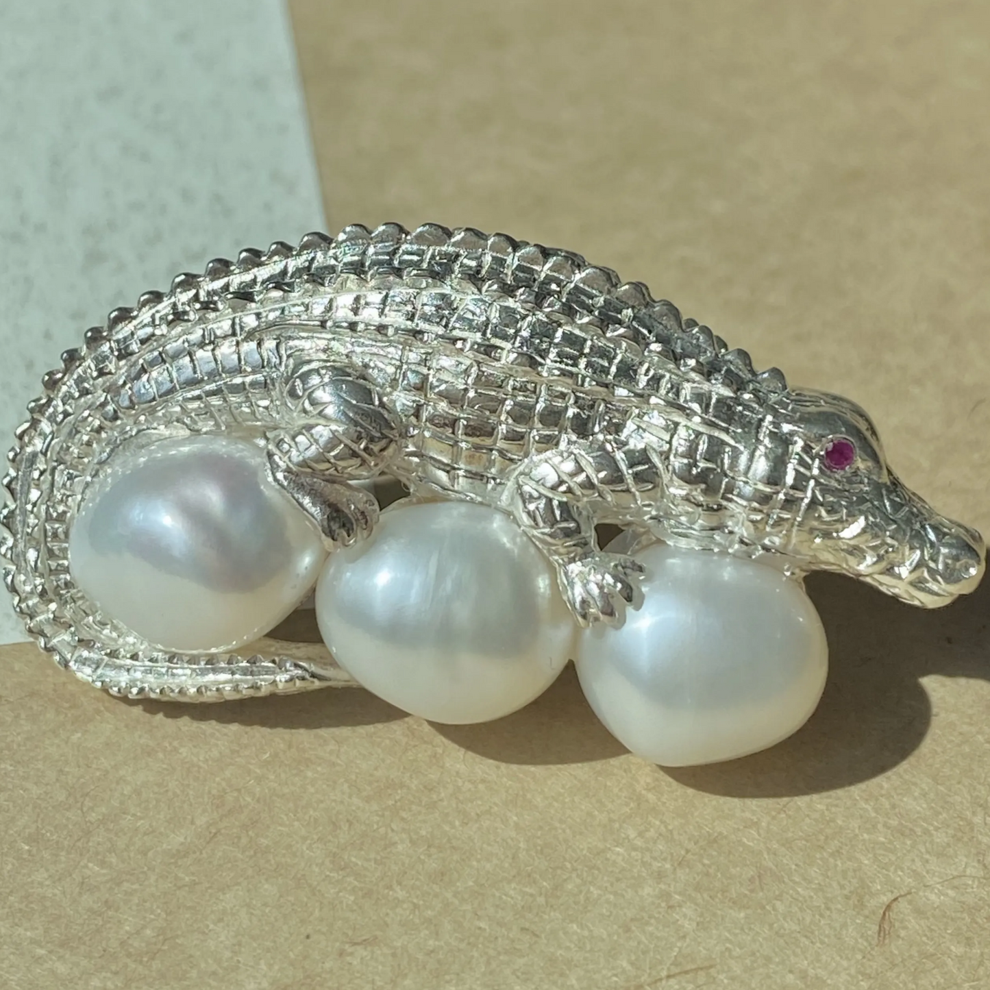 925 Silver Crocodile Brooch Pendant | Freshwater Pearl & Ruby Eyes | Gift of Strength & Protection