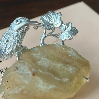 925 Silver Bird Brooch Pendant | Meteorite Glass & Sapphire Eye | Handmade Nature Amulet Jewelry