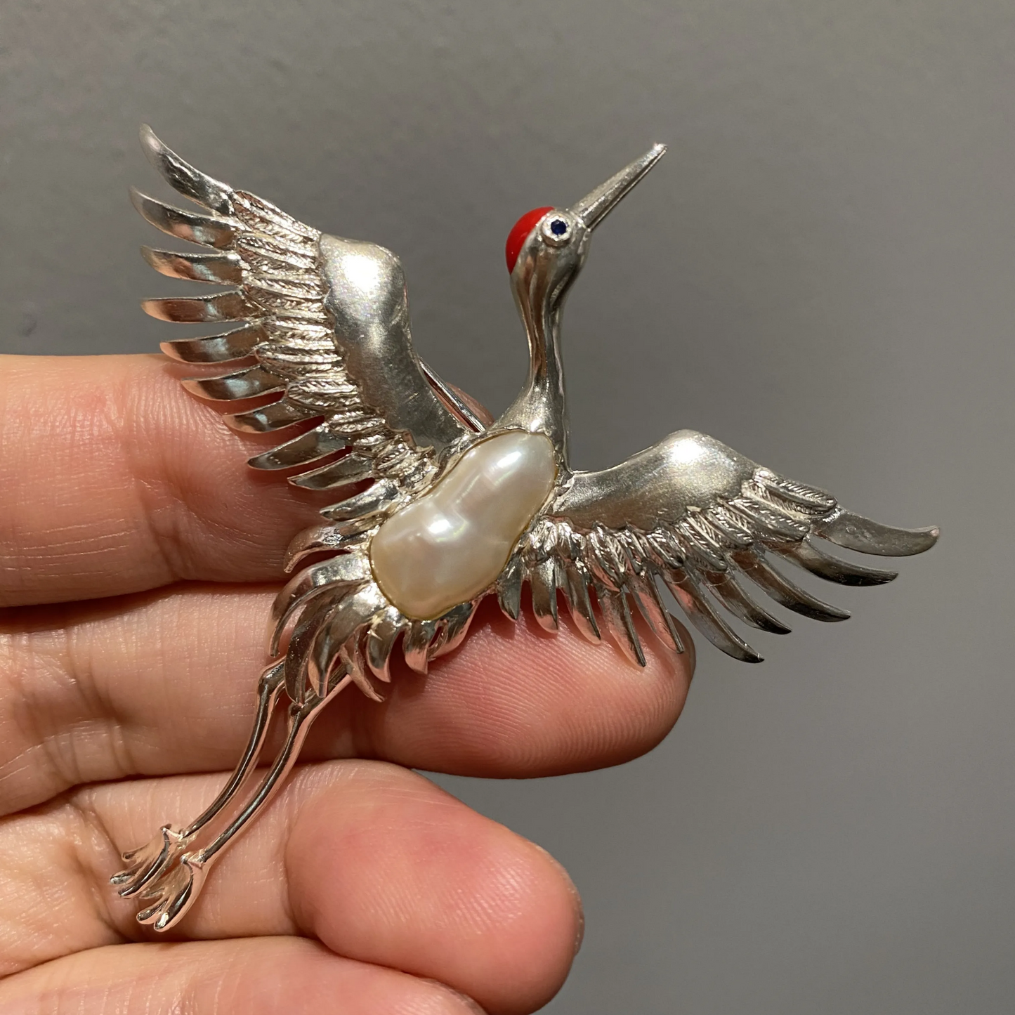 925 Silver Crane Brooch Pendant | Baroque Pearl Bird Jewelry | Oriental Handmade Gift for Mom or Elder | Blessing Totem Pin