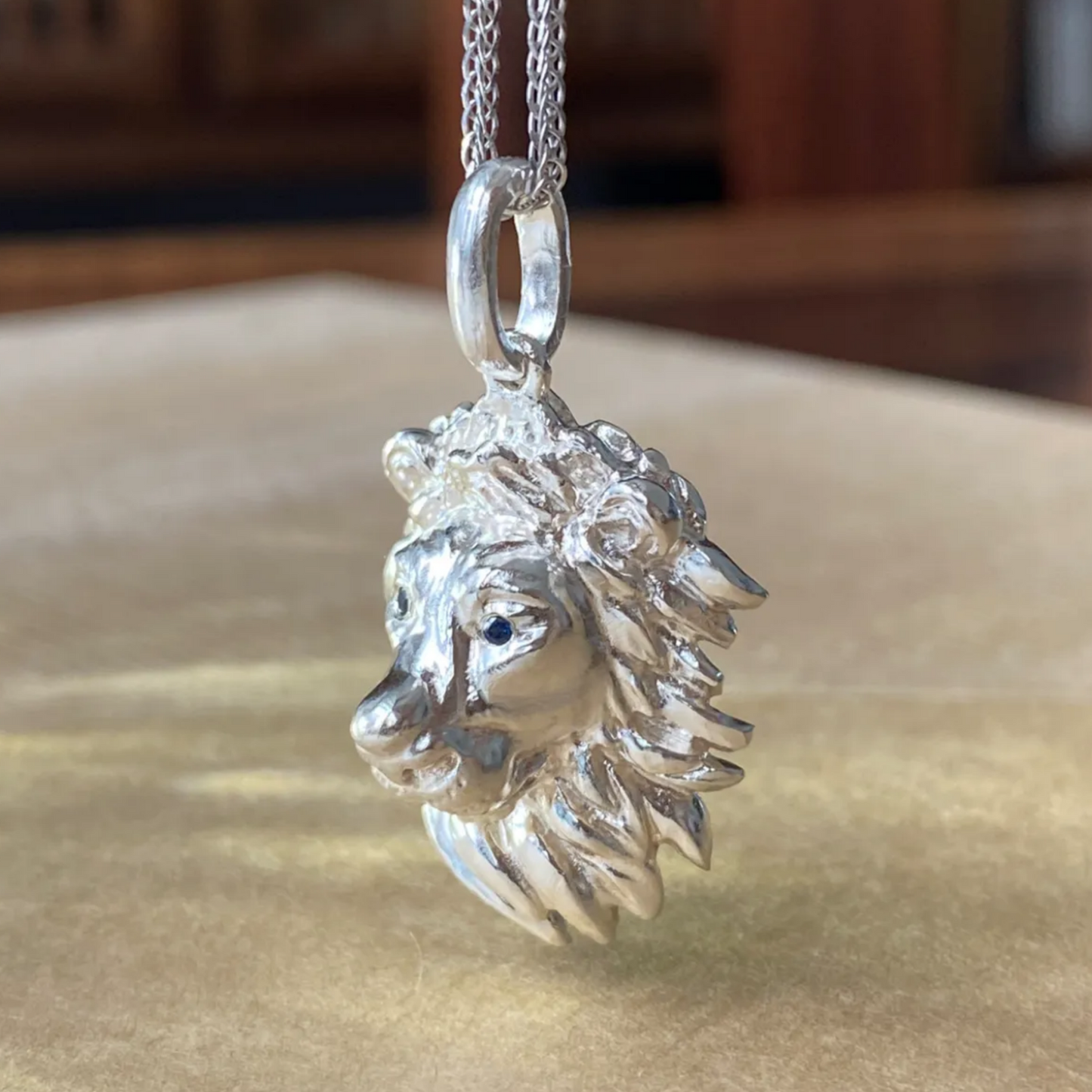 Lion King Pendant Necklace | 925 Silver & Sapphire | Handmade Courage Amulet Gift for Him