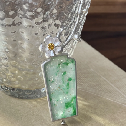 925 Silver Jade Vase Brooch｜Natural Jade Inlay｜Floral Silver Design with Yellow Gem｜Elegant Oriental Jewelry Gift