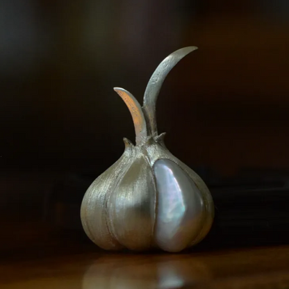925 Silver Garlic Brooch Pendant | Freshwater Pearl Amulet | Handmade Protection Jewelry | Funny Gift for Friends & Collectors