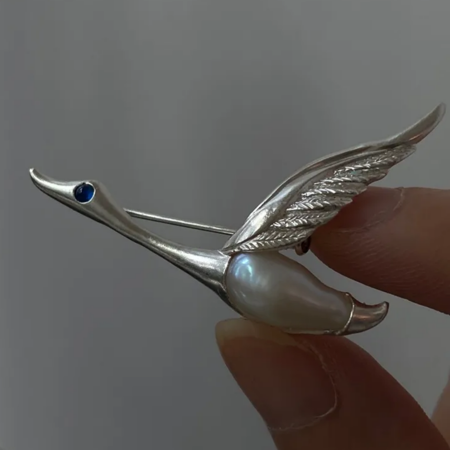 925 Silver Goose Brooch Pendant | Pearl & Sapphire Bird Jewelry | Handmade Animal Totem Gift for Her or Long-Distance Love