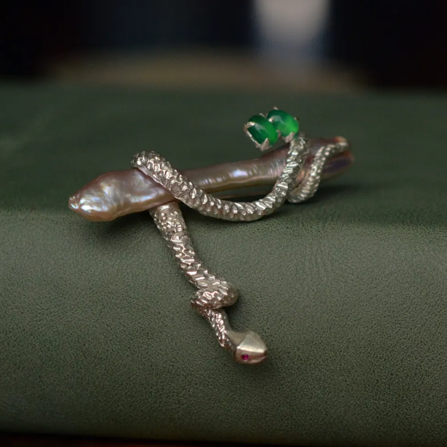 925 Silver Serpent Brooch Pendant | Ruby Eyes & Green Gem | Baroque Pearl Totem Jewelry | Healing Gift for Healers & Thinkers