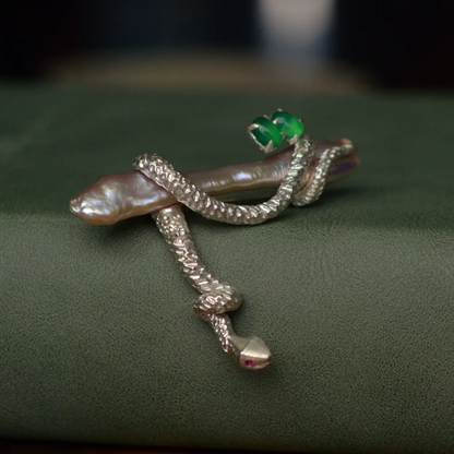 925 Silver Serpent Brooch Pendant | Ruby Eyes & Green Gem | Baroque Pearl Totem Jewelry | Healing Gift for Healers & Thinkers