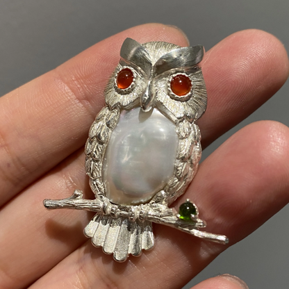Handmade 925 Silver Owl Brooch Pendant | Pearl, Carnelian & Diopside Jewelry |  Gift for Teacher or Mom