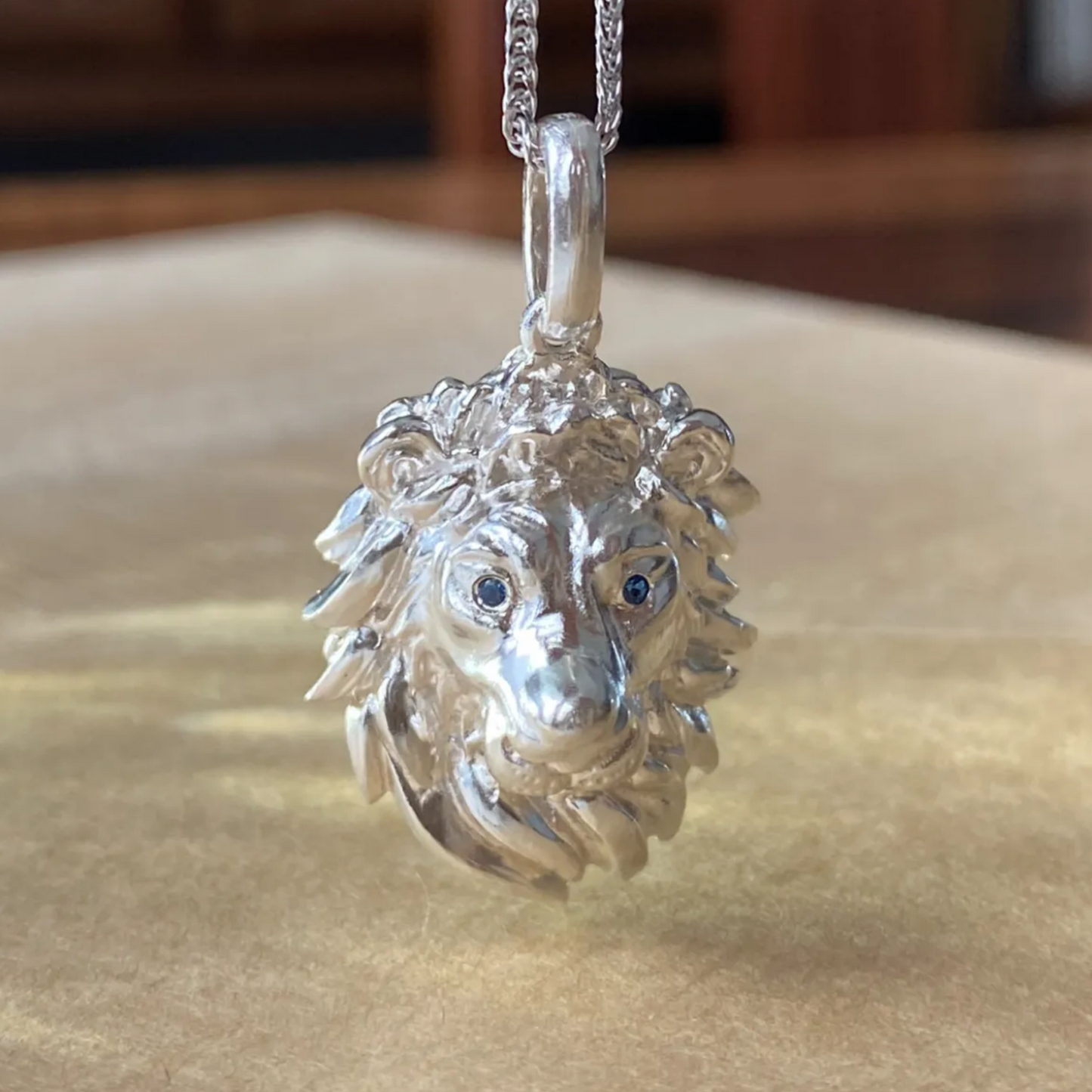 Lion King Pendant Necklace | 925 Silver & Sapphire | Handmade Courage Amulet Gift for Him