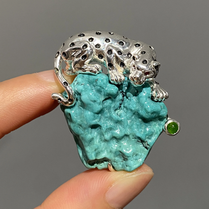 925 Silver Leopard Brooch Pendant | Turquoise & Ruby Animal Jewelry | Handmade Totem Gift for Strength & Courage