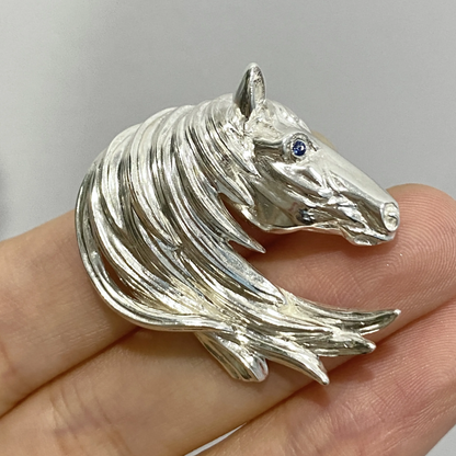 Horse Brooch Pendant | 925 Silver & Sapphire Eye | Handmade Animal Totem Jewelry Gift for Strength & Freedom