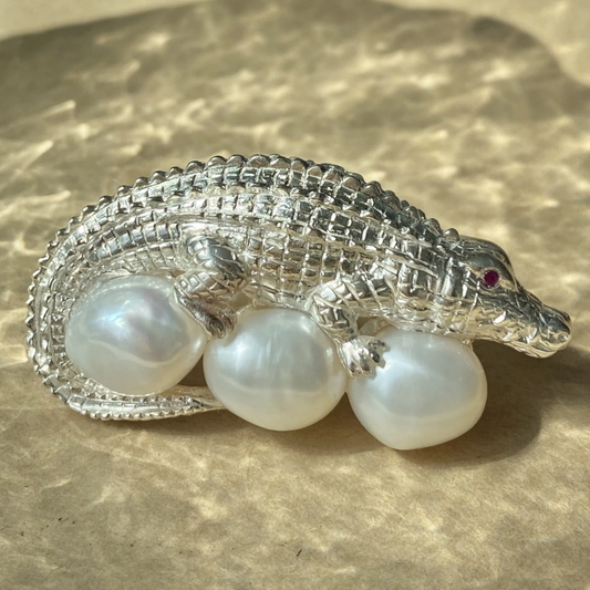 925 Silver Crocodile Brooch Pendant | Freshwater Pearl & Ruby Eyes | Gift of Strength & Protection