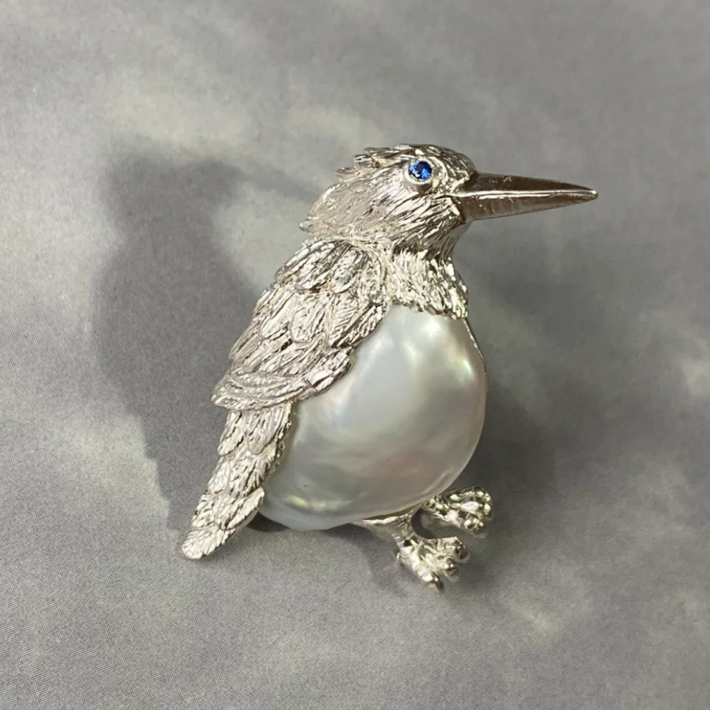 Bird Brooch Pendant | 925 Silver, Pearl & Sapphire | Handmade Nature Jewelry Gift for Her