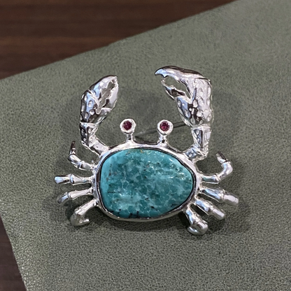 Crab Brooch Pendant in 925 Silver & Natural Turquoise | Handmade Zodiac Cancer Totem Jewelry | Gift for Her