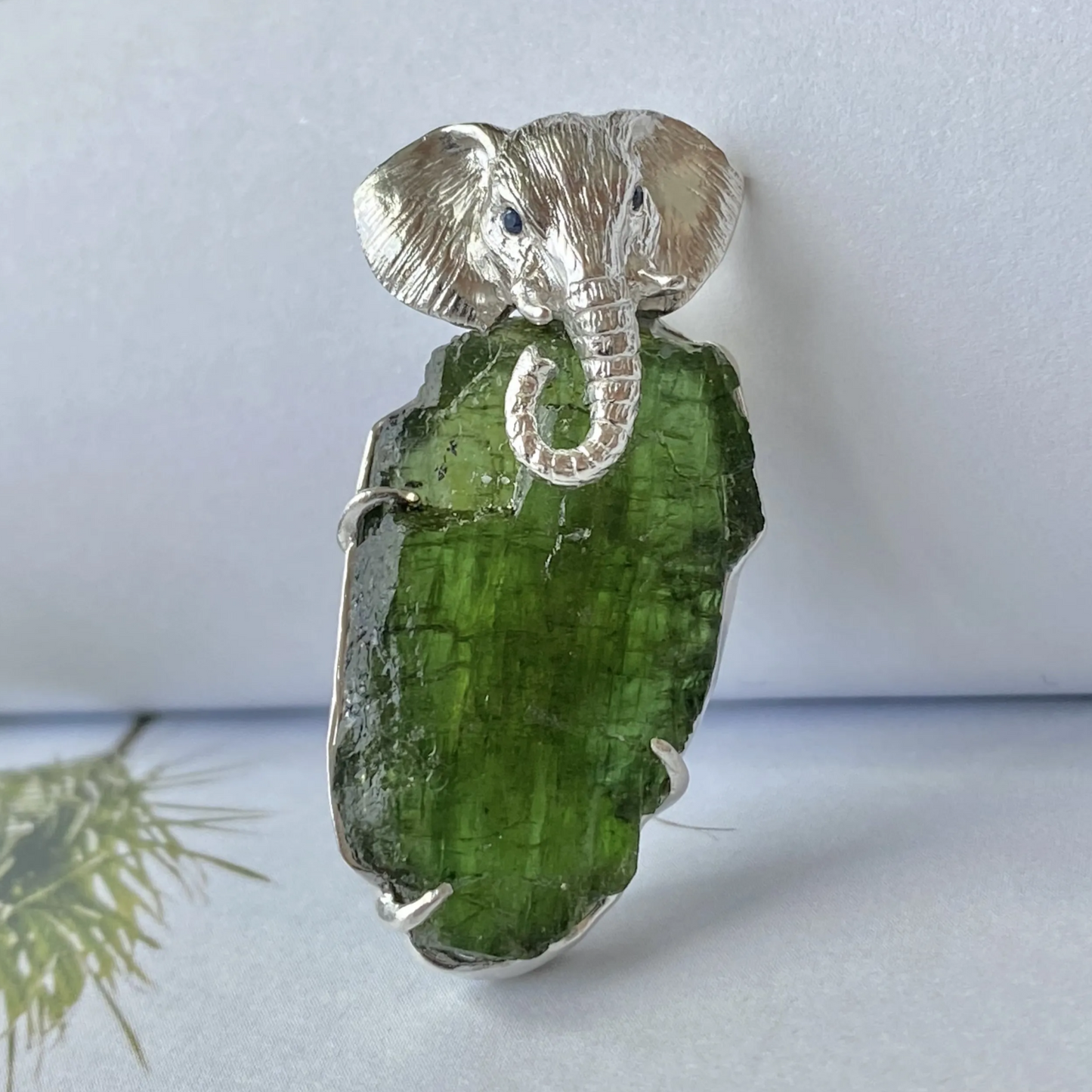 Elephant Totem Brooch Pendant | Natural Green Tourmaline & 925 Silver | Spiritual Animal Amulet Gift for Him & Her