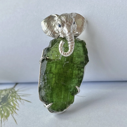 Elephant Totem Brooch Pendant | Natural Green Tourmaline & 925 Silver | Spiritual Animal Amulet Gift for Him & Her
