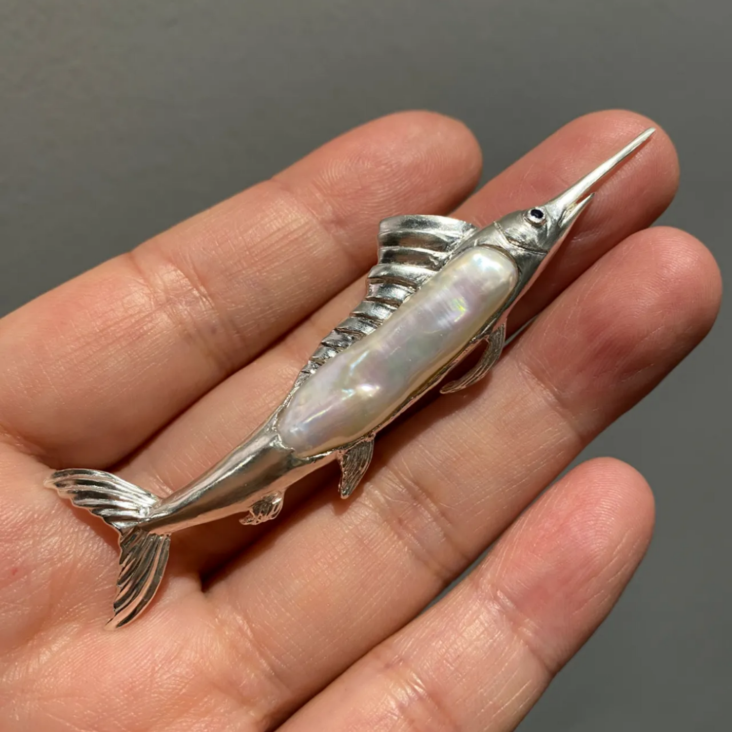 925 Silver Sailfish Brooch Pendant | Pearl & Sapphire Ocean Jewelry | Handmade Sea Totem Gift for Sailors & Dreamers