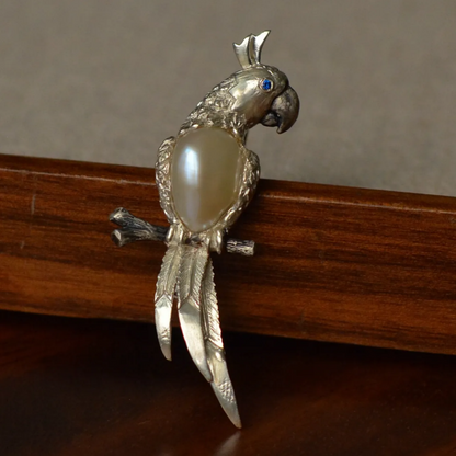 Parrot Brooch Pendant 2-in-1 | 925 Silver & Pearl | Handmade Nature Gift for Her