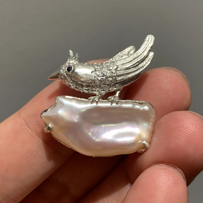 925 Silver Bird Brooch Pendant | Baroque Pearl & Sapphire Jewelry | Handmade Gift for Women