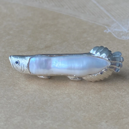925 Silver Arowana Fish Brooch Pendant | Pearl & Sapphire Jewelry | Handmade Lucky Charm Gift for Success & Protection