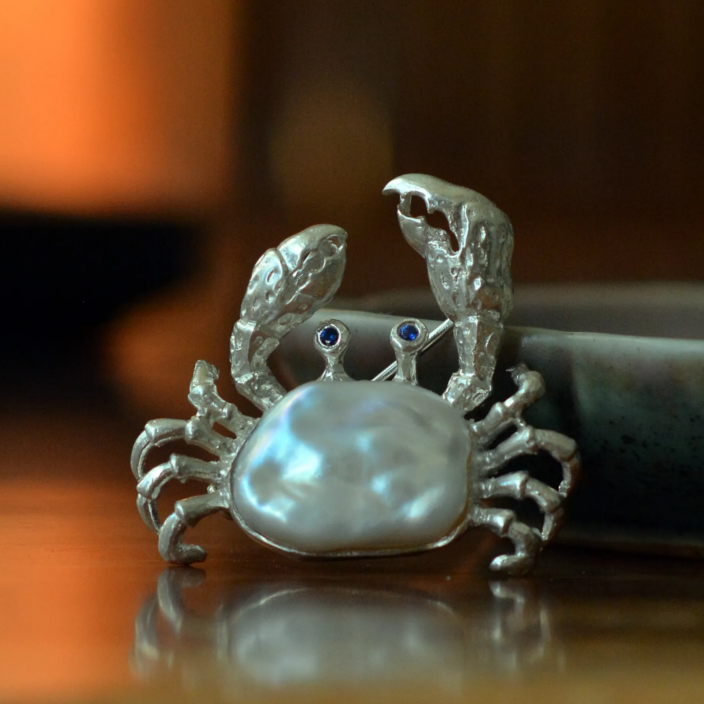 925 Silver Crab Brooch Pendant | Baroque Pearl & Sapphire Jewelry | Ocean Amulet Gift for Women