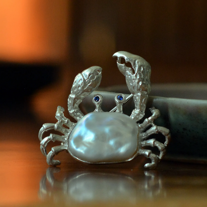 925 Silver Crab Brooch Pendant | Baroque Pearl & Sapphire Jewelry | Ocean Amulet Gift for Women