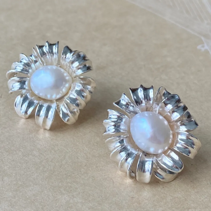 925 Silver Sunflower Pearl Earrings | Handmade Floral Jewelry | Romantic Gift for Women, Birthday or Anniversary