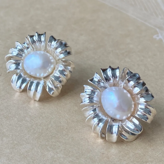 925 Silver Sunflower Pearl Earrings | Handmade Floral Jewelry | Romantic Gift for Women, Birthday or Anniversary