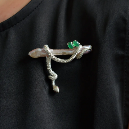925 Silver Serpent Brooch Pendant | Ruby Eyes & Green Gem | Baroque Pearl Totem Jewelry | Healing Gift for Healers & Thinkers