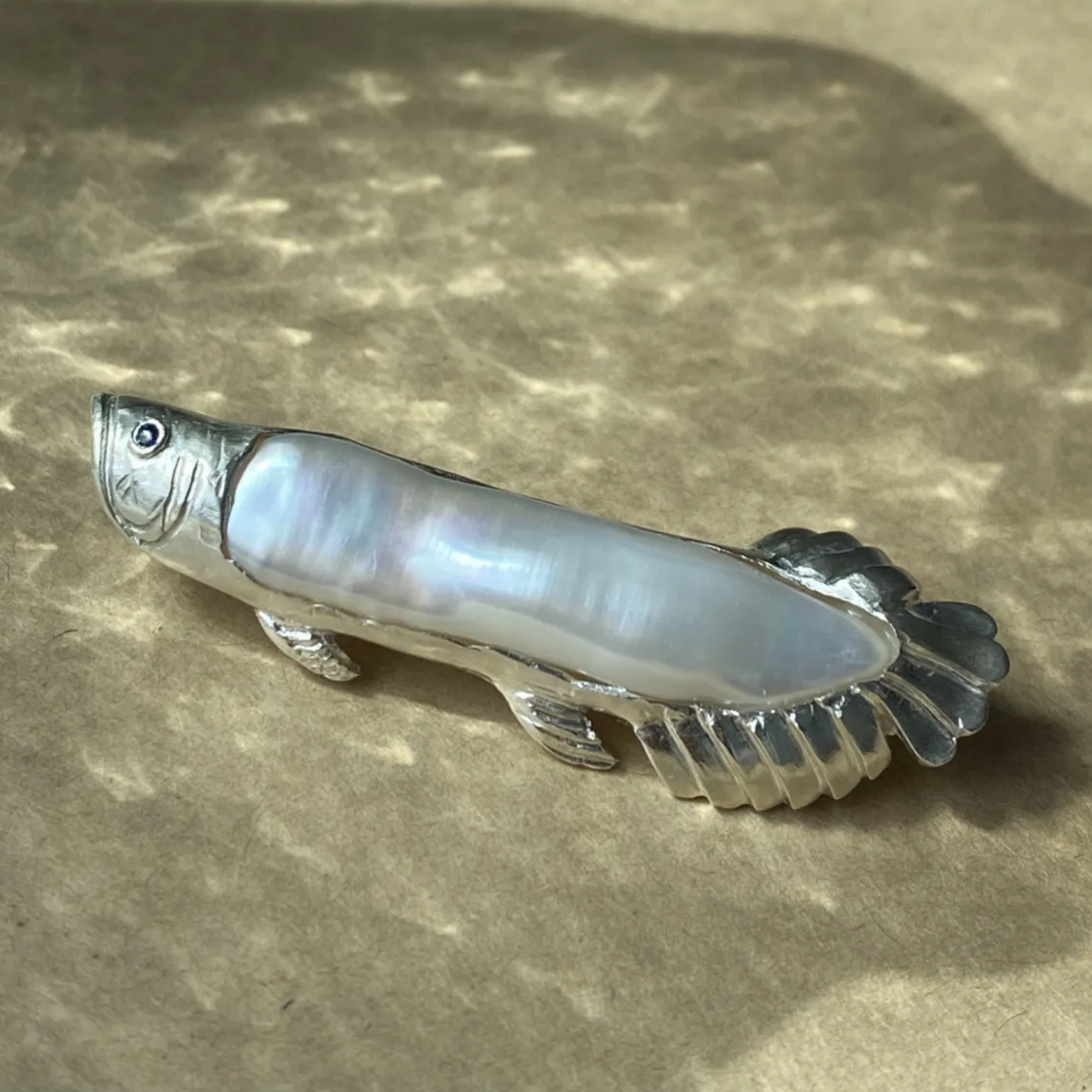 925 Silver Arowana Fish Brooch Pendant | Pearl & Sapphire Jewelry | Handmade Lucky Charm Gift for Success & Protection