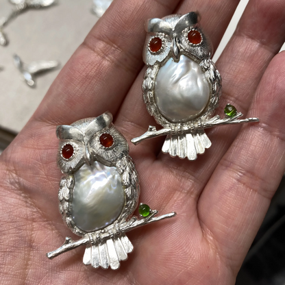 Handmade 925 Silver Owl Brooch Pendant | Pearl, Carnelian & Diopside Jewelry |  Gift for Teacher or Mom