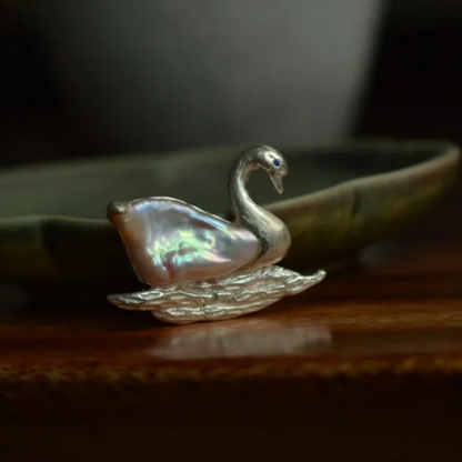 925 Silver Swan Pearl Brooch Pendant | Handmade Animal Jewelry | Sapphire Eye Bird Pin | Gift for Mom or Romantic Partner