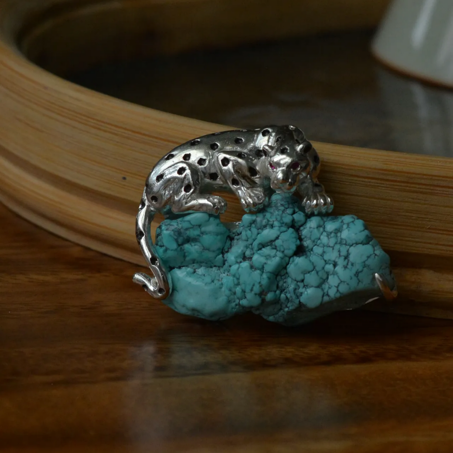 925 Silver Leopard Brooch Pendant | Turquoise & Ruby Animal Jewelry | Handmade Totem Gift for Strength & Courage