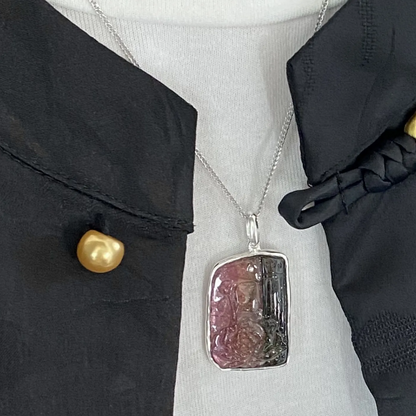 Natural Tourmaline Carved Pendant | 925 Silver Necklace | Handmade Gemstone Jewelry Gift for Her