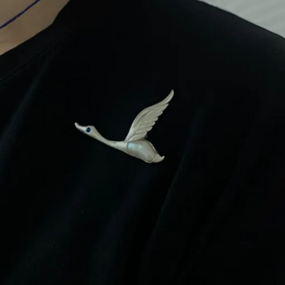 925 Silver Goose Brooch Pendant | Pearl & Sapphire Bird Jewelry | Handmade Animal Totem Gift for Her or Long-Distance Love