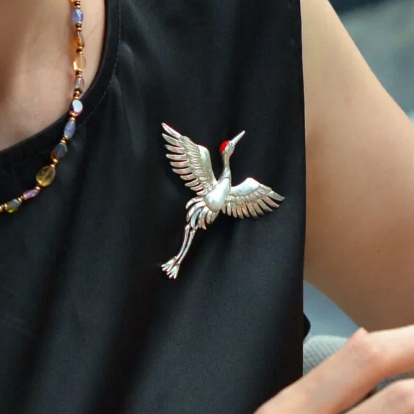 925 Silver Crane Brooch Pendant | Baroque Pearl Bird Jewelry | Oriental Handmade Gift for Mom or Elder | Blessing Totem Pin