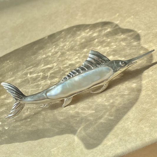 925 Silver Sailfish Brooch Pendant | Pearl & Sapphire Ocean Jewelry | Handmade Sea Totem Gift for Sailors & Dreamers